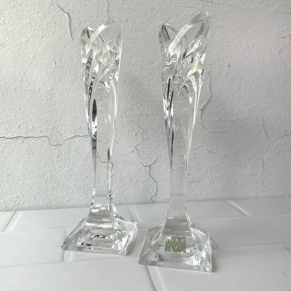 Mikasa Phoenix Crystal Candlestick Holders Set of 2 Germany Clear Glass 9in Deco